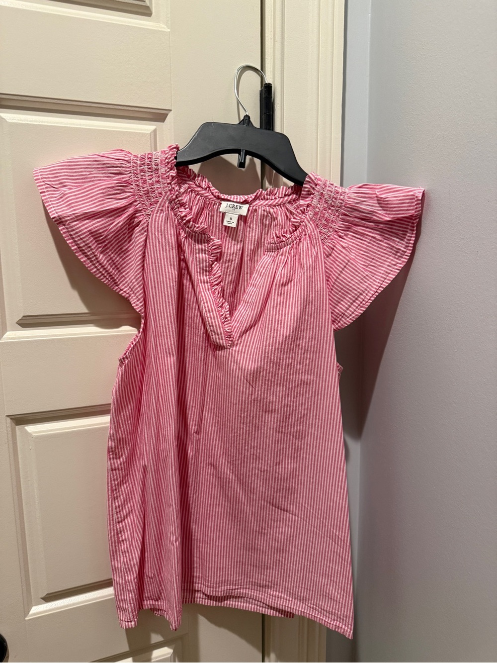 J. Crew Pink and White Striped Flutter Sleeve Top